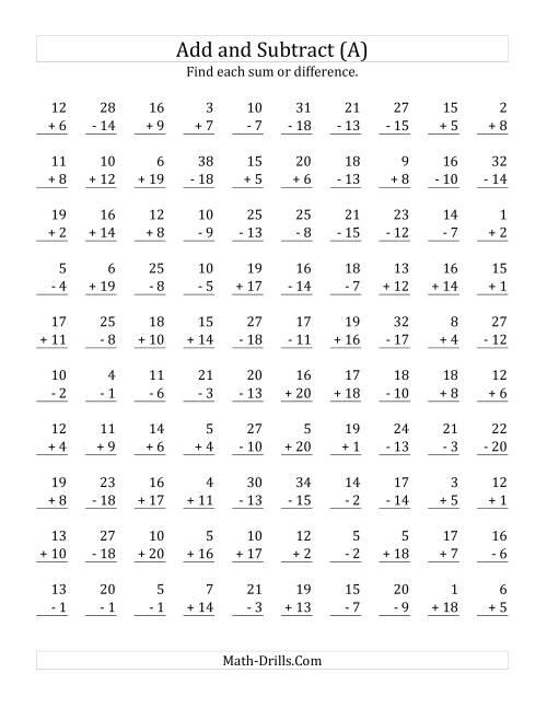 Adding and Subtracting with Facts From 1 to 20 (A)