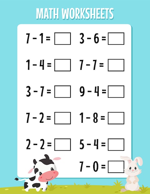 Premium Vector | Math subtraction worksheet for kindergarten