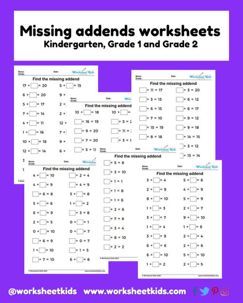 Missing addends worksheets for Grade 1, Grade 2 and Kindergarten ...