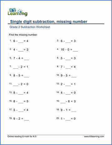 Grade 2 Math Worksheets: Single digit subtraction, missing number ...
