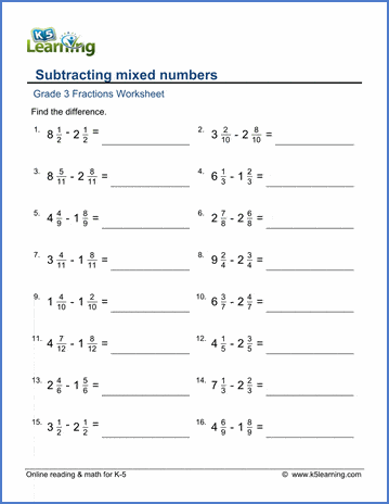 Grade 3 Worksheets: Subtracting mixed numbers with like ...