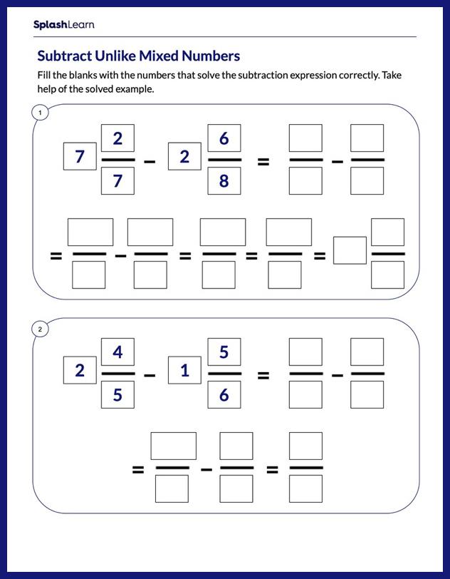 Unlike Mixed Numbers Subtraction - Math Worksheets - SplashLearn