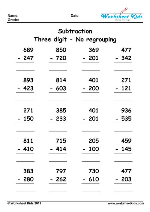 3 Digit Subtraction Without Regrouping Worksheets - Free printable PDF