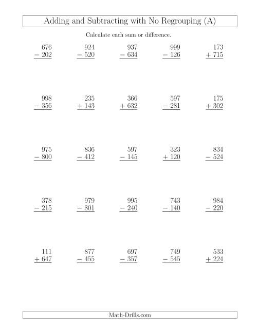 Mixed Addition and Subtraction of Three-Digit Numbers with No ...