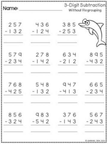 3- digit subtraction without regrouping worksheet  