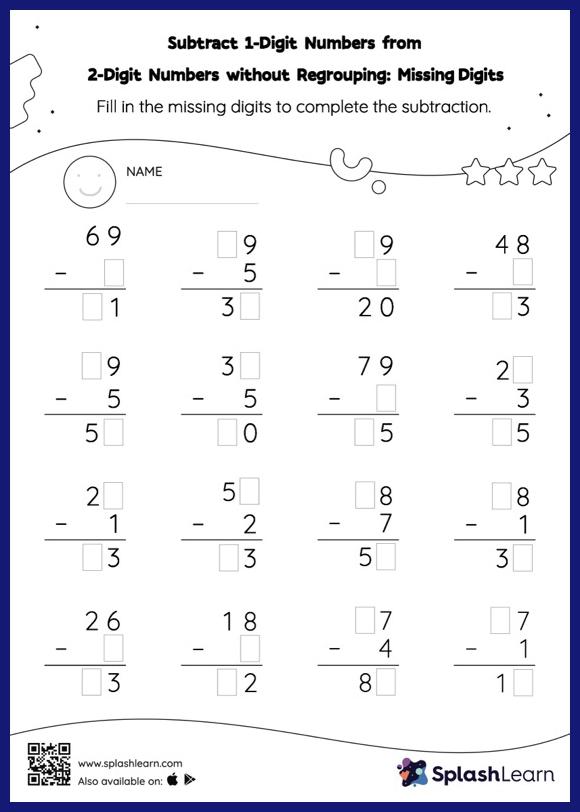 subtraction worksheet no regrouping one