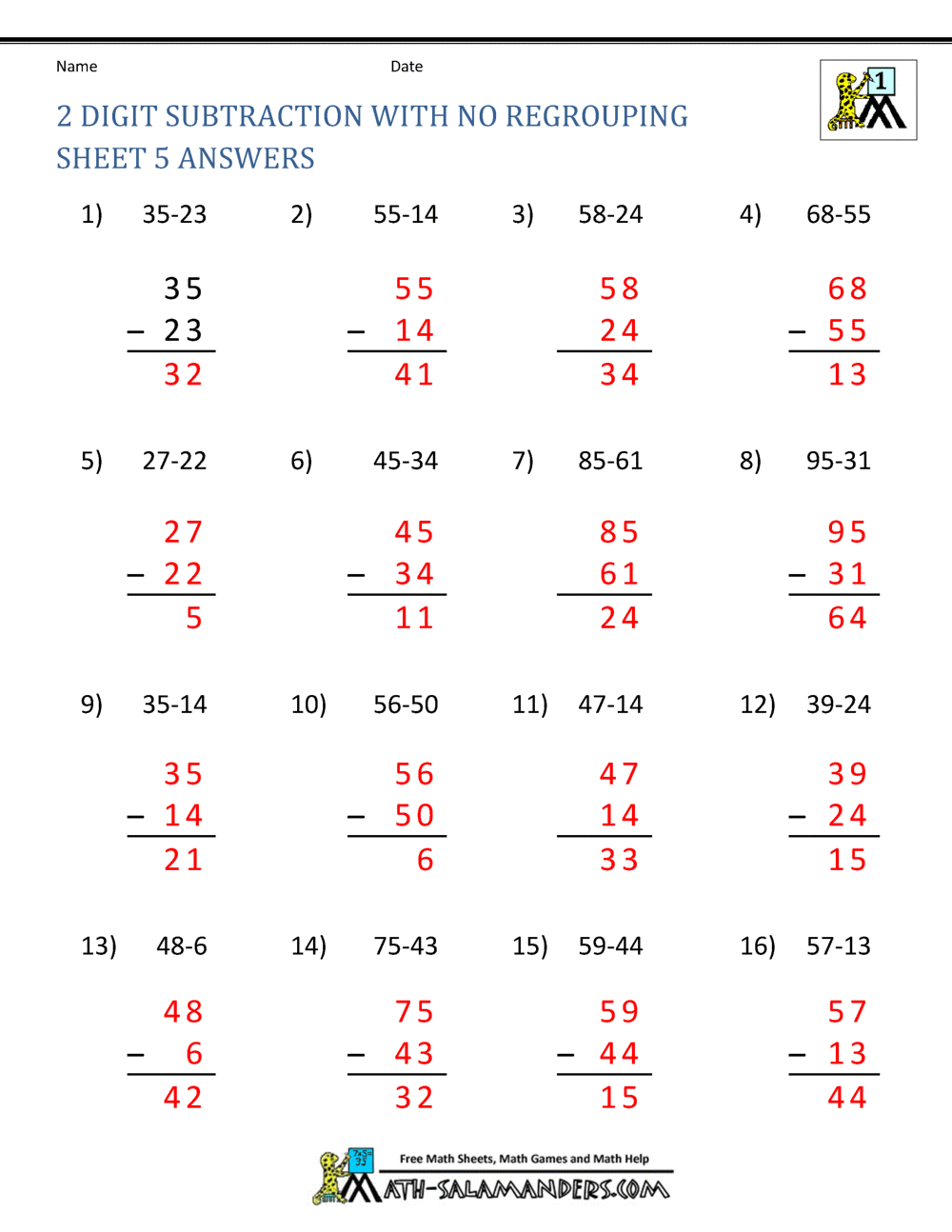 subtraction worksheet no regrouping one