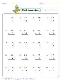 2-Digit minus 1-Digit Subtraction Worksheets