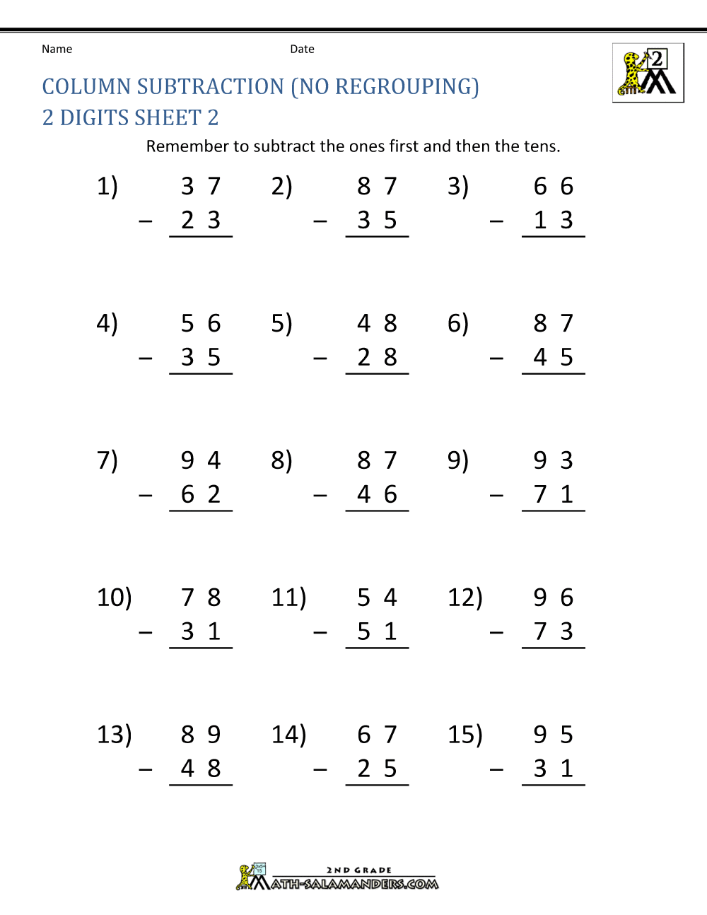 subtraction worksheet no regrouping two