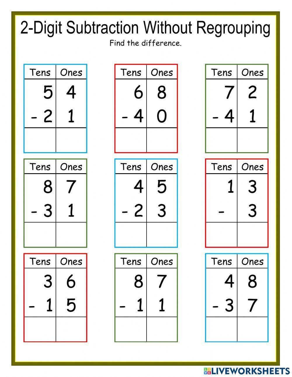 subtraction worksheet no regrouping