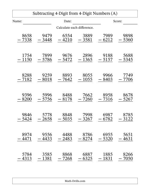 Subtracting 4-Digit from 4-Digit Numbers With No Regrouping (42 ...