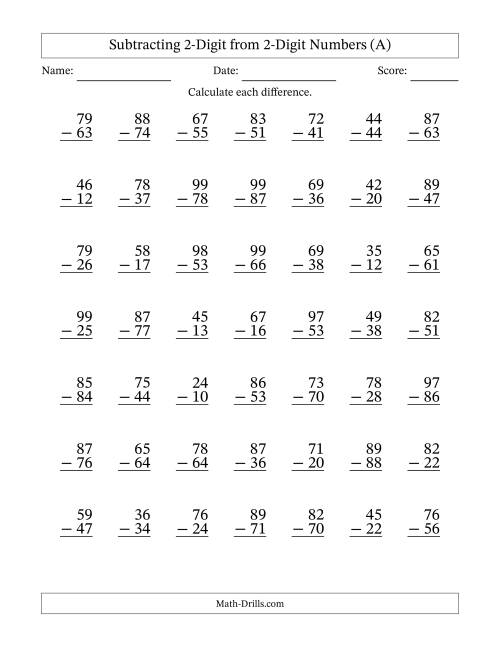 Subtracting 2-Digit from 2-Digit Numbers With No Regrouping (49 ...