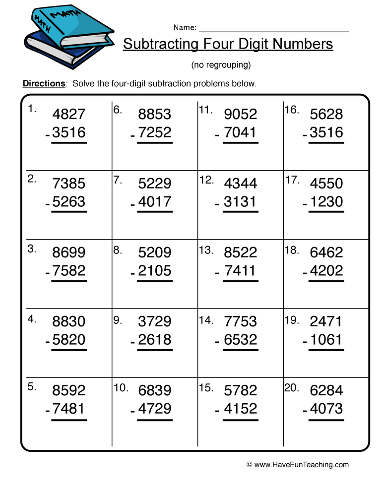 Four Digit Subtraction No Regrouping Worksheet  