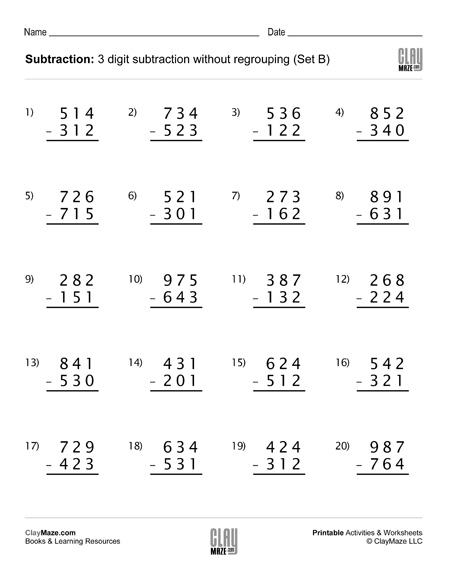 Subtraction Worksheet - 3 digit subtraction without regrouping ...