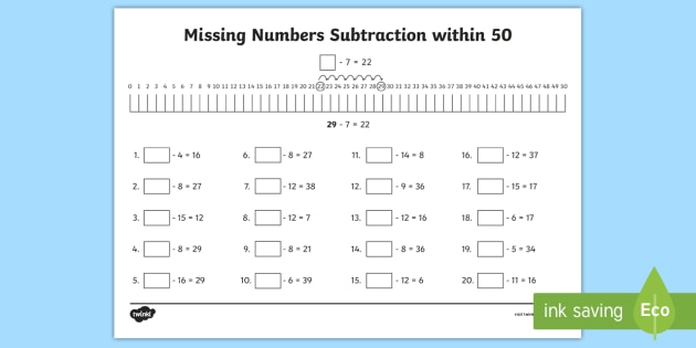 Missing Numbers Subtraction within 50 Worksheet - Twinkl