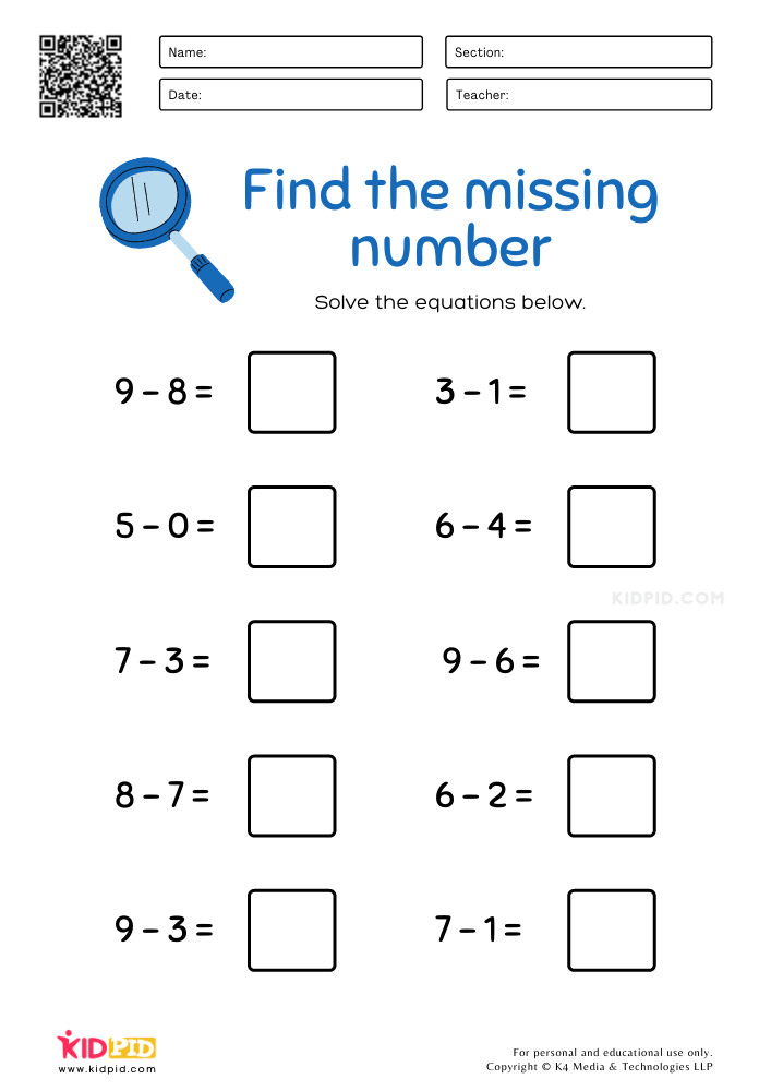 Find the missing number Subtraction Worksheets for Kids - Kidpid