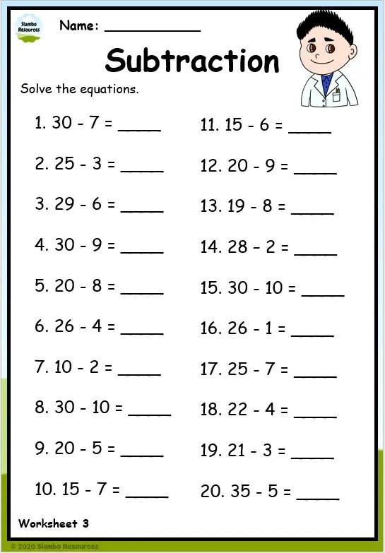 subtraction worksheet numbers 1 20