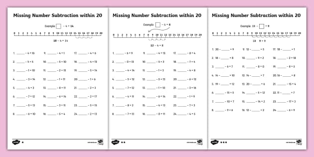 subtraction worksheet numbers 1 20