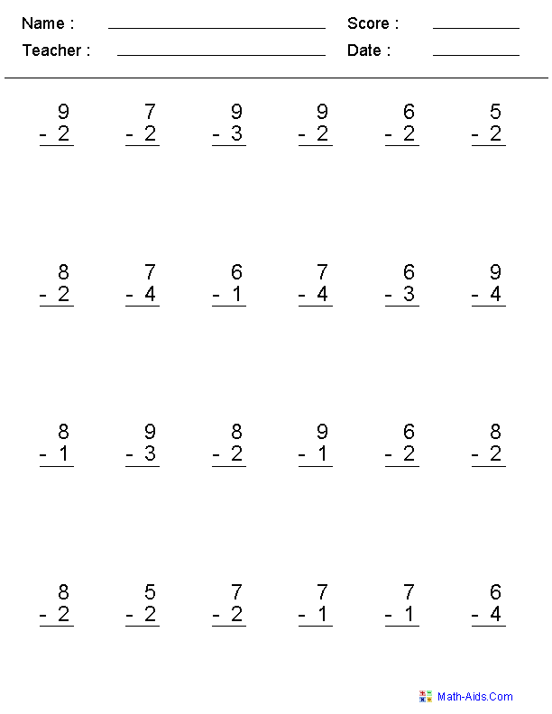 Subtraction Worksheets | Dynamically Created Subtraction Worksheets