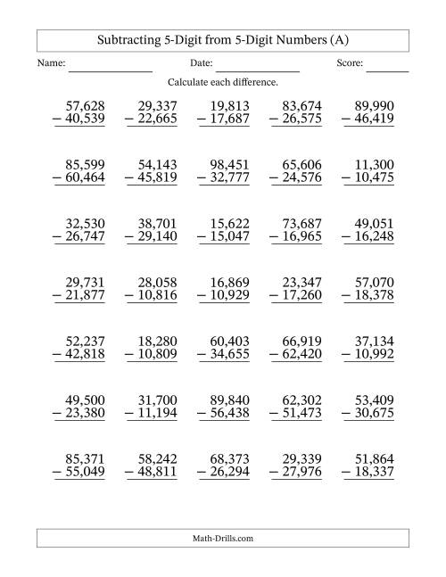 Subtracting 5-Digit from 5-Digit Numbers With Some Regrouping (35 ...