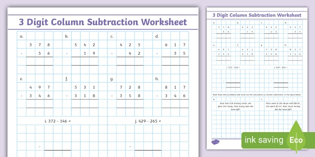 subtraction worksheet of 3 digits
