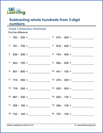 Grade 3 Math Worksheet: subtract whole hundreds from 3-digit ...