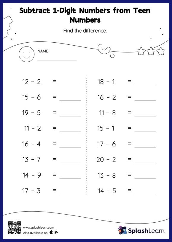 Subtract 1-Digit Numbers from Teen Numbers: Horizontal Subtraction ...