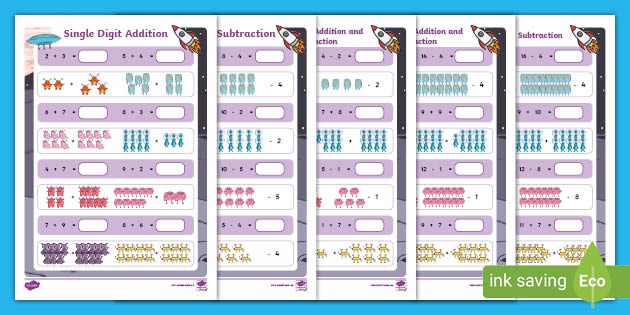Single Digit Addition and Subtraction Worksheet With Picture
