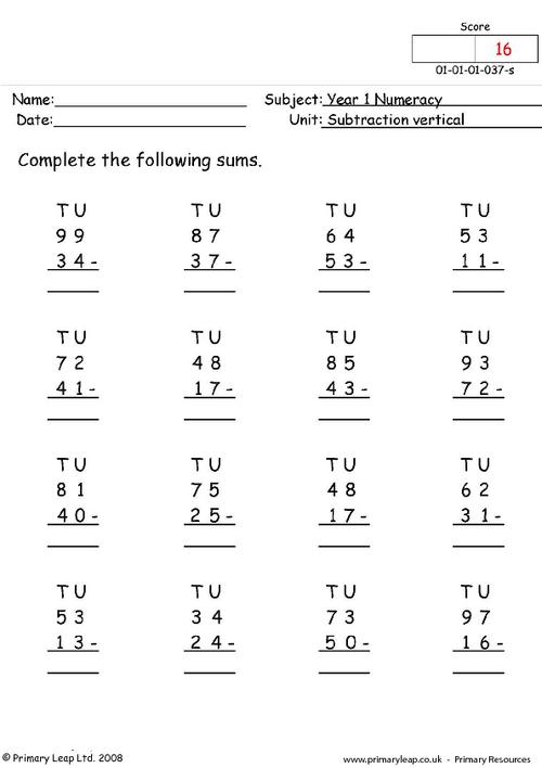 Numeracy: Subtraction vertical | Worksheet | PrimaryLeap.co.uk
