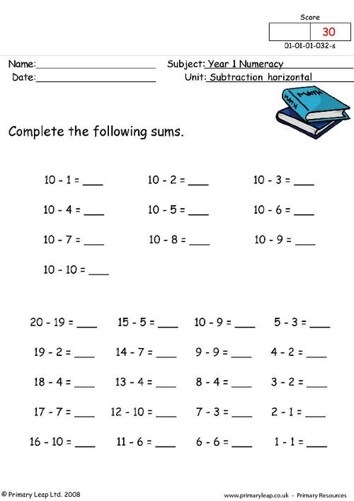 Numeracy: Subtraction horizontal 1 | Worksheet | PrimaryLeap.co.uk