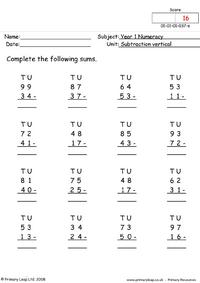 Numeracy: Subtraction vertical | Worksheet | PrimaryLeap.co.uk