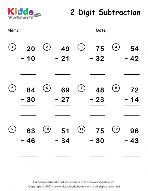 Free Printable 2 Digit Subtraction Worksheet - kiddoworksheets