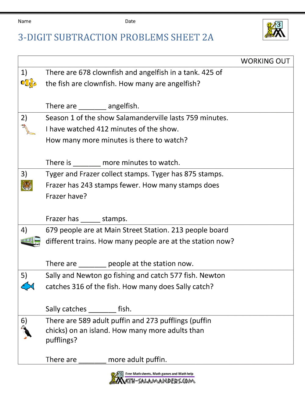 Subtraction Word Problems 3rd Grade