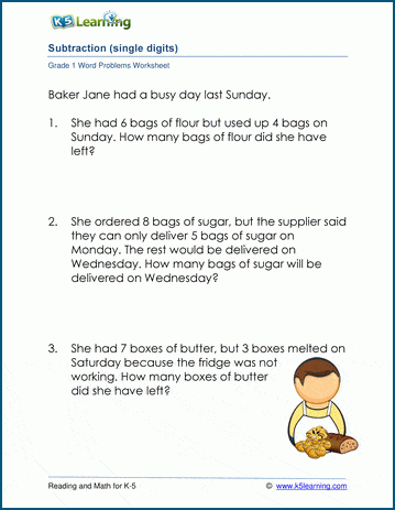Grade 1 word problems worksheet on subtraction of 1-digit numbers ...