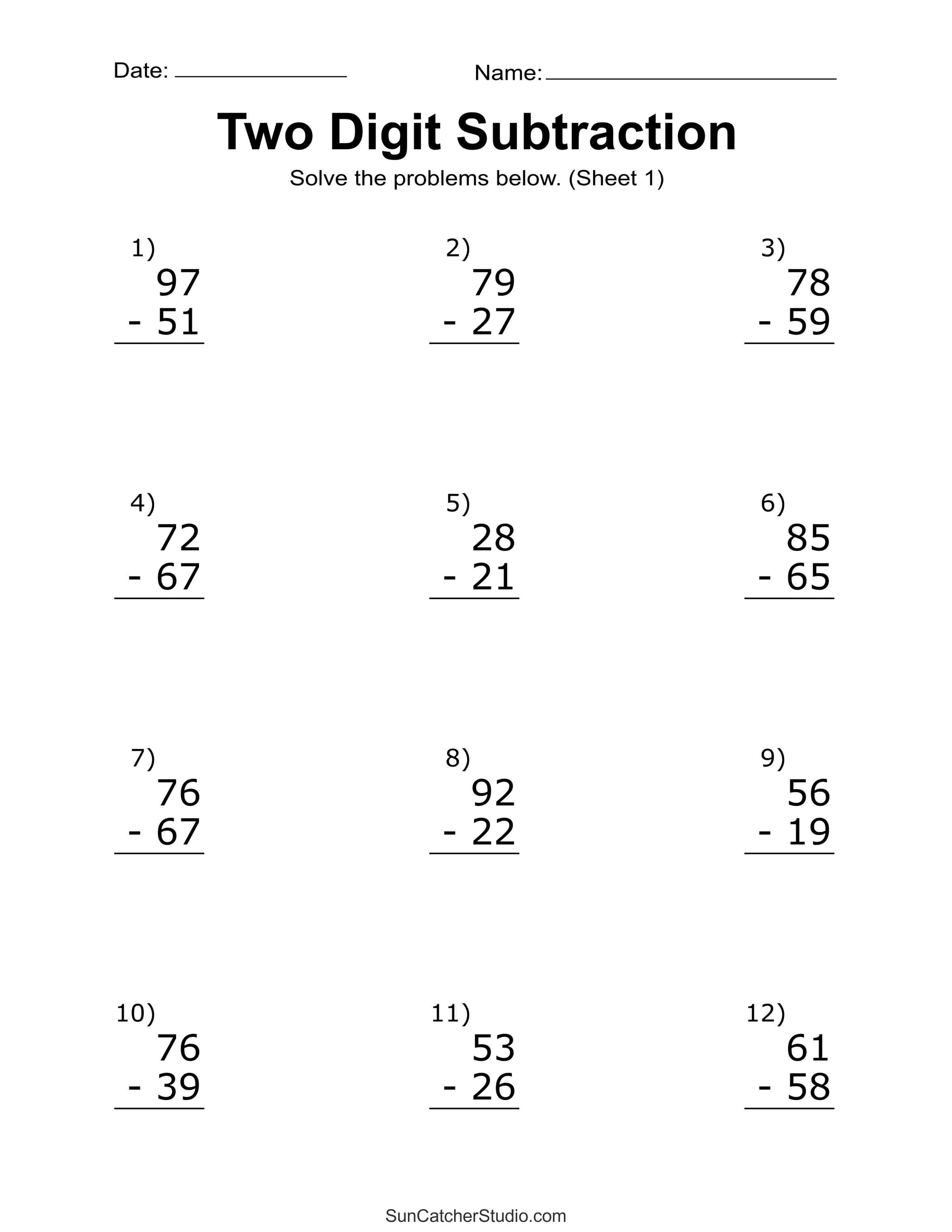 Two-Digit Subtraction Worksheets (Printable Math Drills) - DIY ...