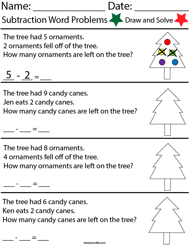 Christmas Subtraction Word Problems Math Worksheet - Twisty Noodle