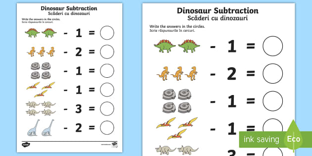 Dinosaur Themed Subtraction Worksheet / Worksheet English/Romanian ...