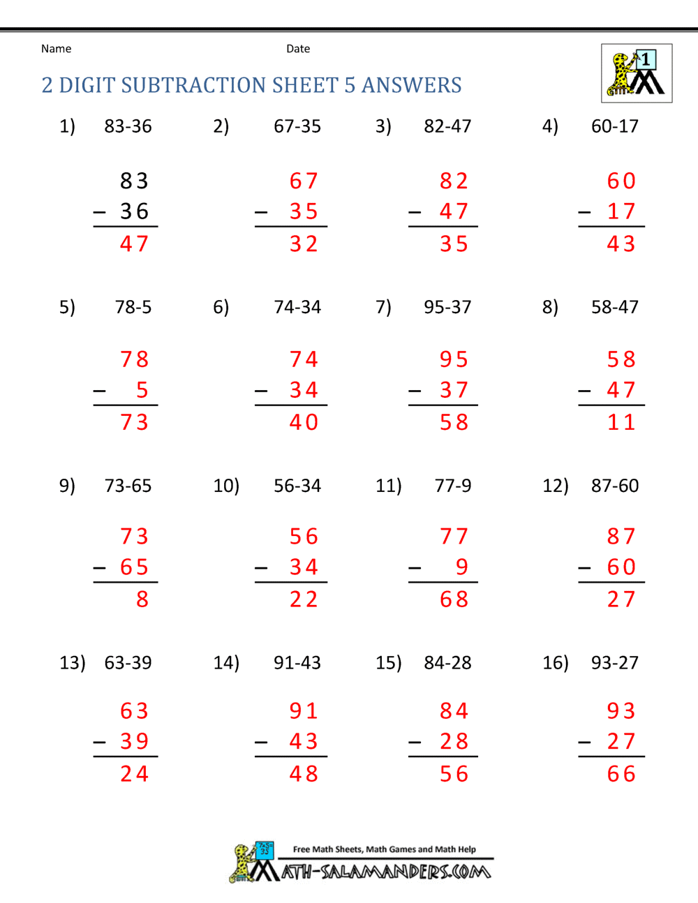 2 Digit Subtraction Worksheets