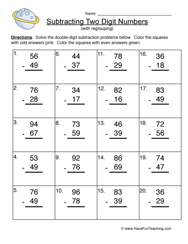 subtraction worksheet regrouping double