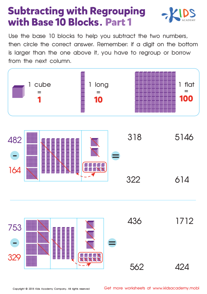 Subtracting with Regrouping with Base 10 Blocks. Part1 Worksheet ...
