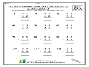 subtraction worksheet salamander