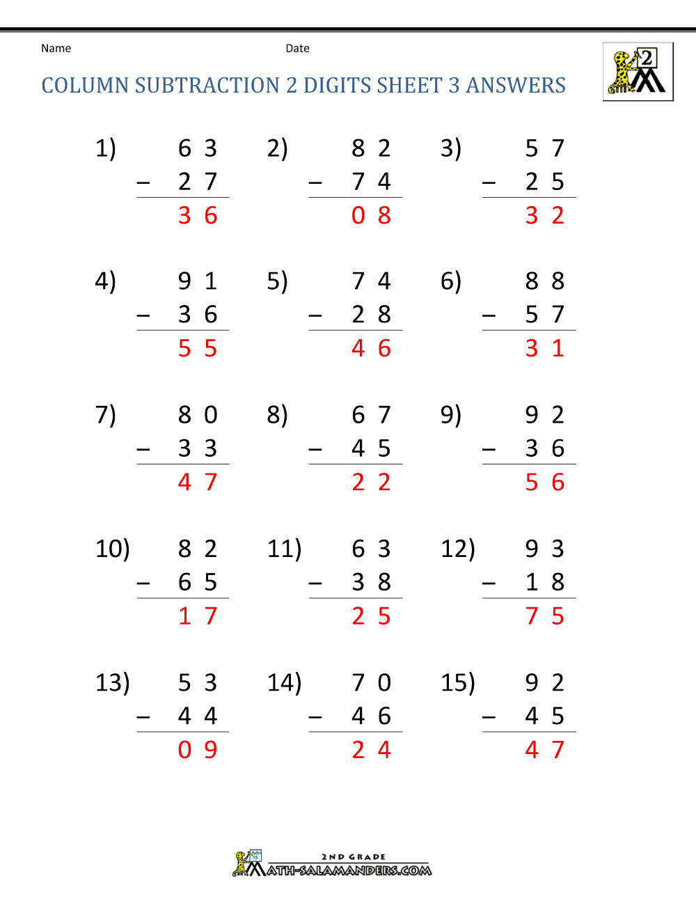 2 Digit Subtraction Worksheets