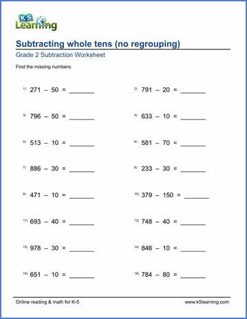 Grade 2 Math Worksheet: Subtracting whole tens, no regrouping | Worsheets library...