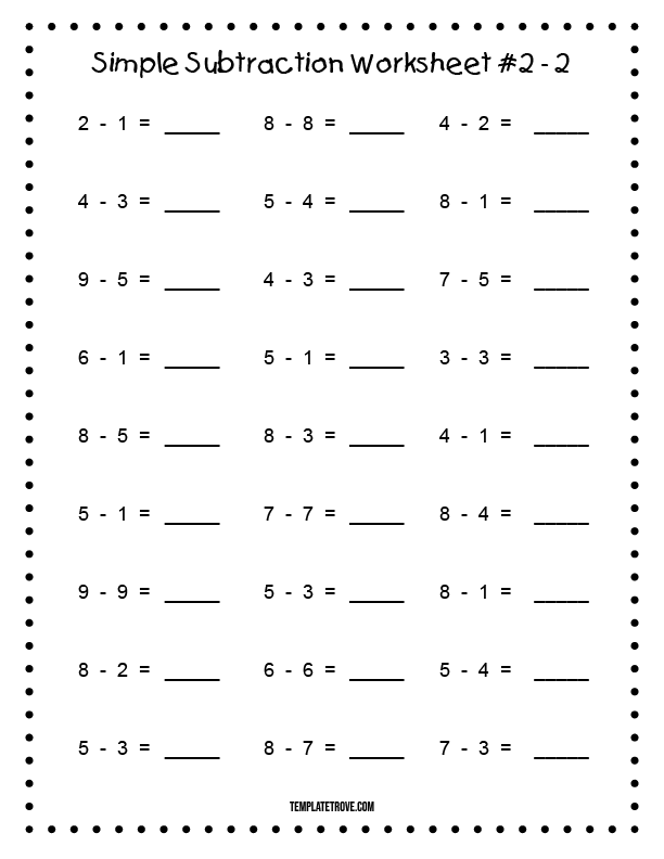 Printable Simple Subtraction Worksheet 2 - For Kindergarten and ...