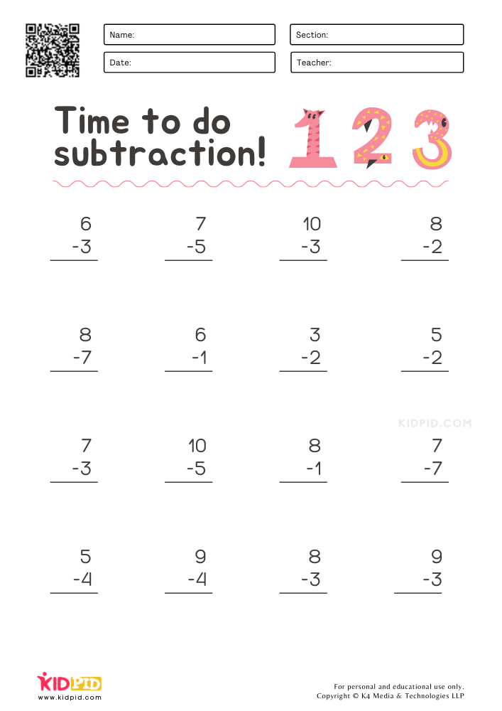 Single Digit Subtraction Worksheets for Grade 1 - Kidpid