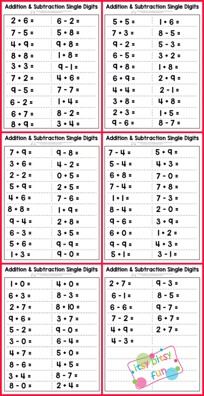 Single Digit Addition and Subtraction Worksheet - Itsy Bitsy Fun