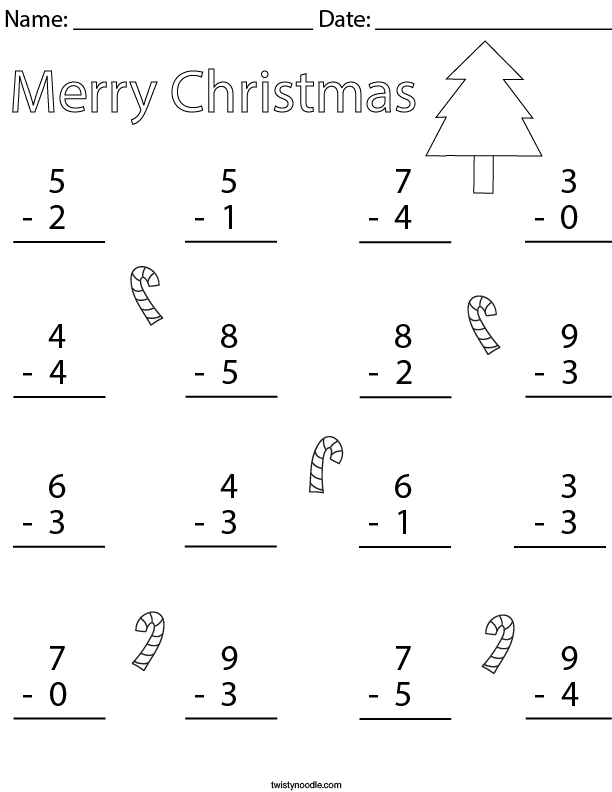 Christmas Single Digit Subtraction Math Worksheet - Twisty Noodle