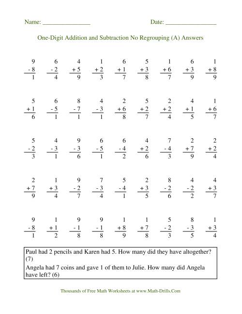 Adding and Subtracting Single-Digit Numbers -- No Regrouping (A)