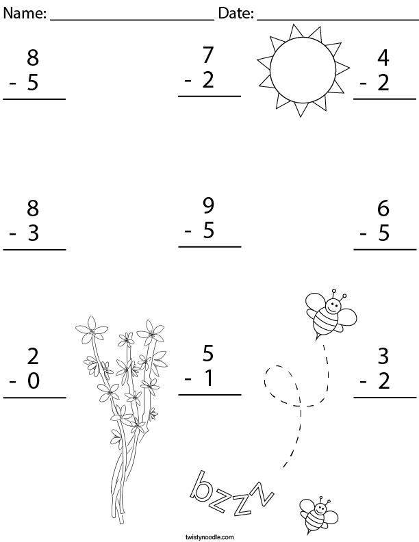Single Digit Subtraction Math Worksheet - Twisty Noodle