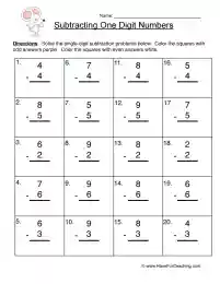 Subtract Single Digit Worksheet by Teach Simple